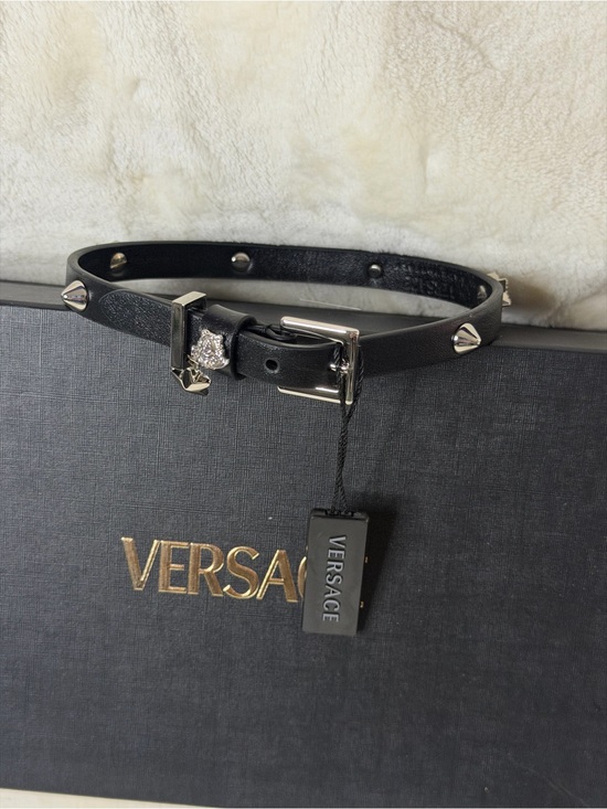 Versace Accessories - Versace Black Leather Studded Choker with Silver Medusa Charm